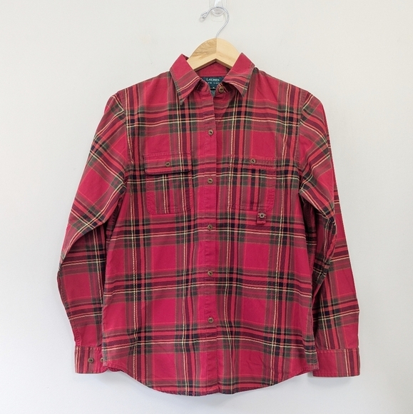 Vintage Ralph Lauren Red Holiday Plaid Button-up Shirt Tartan Preppy - Picture 1 of 9